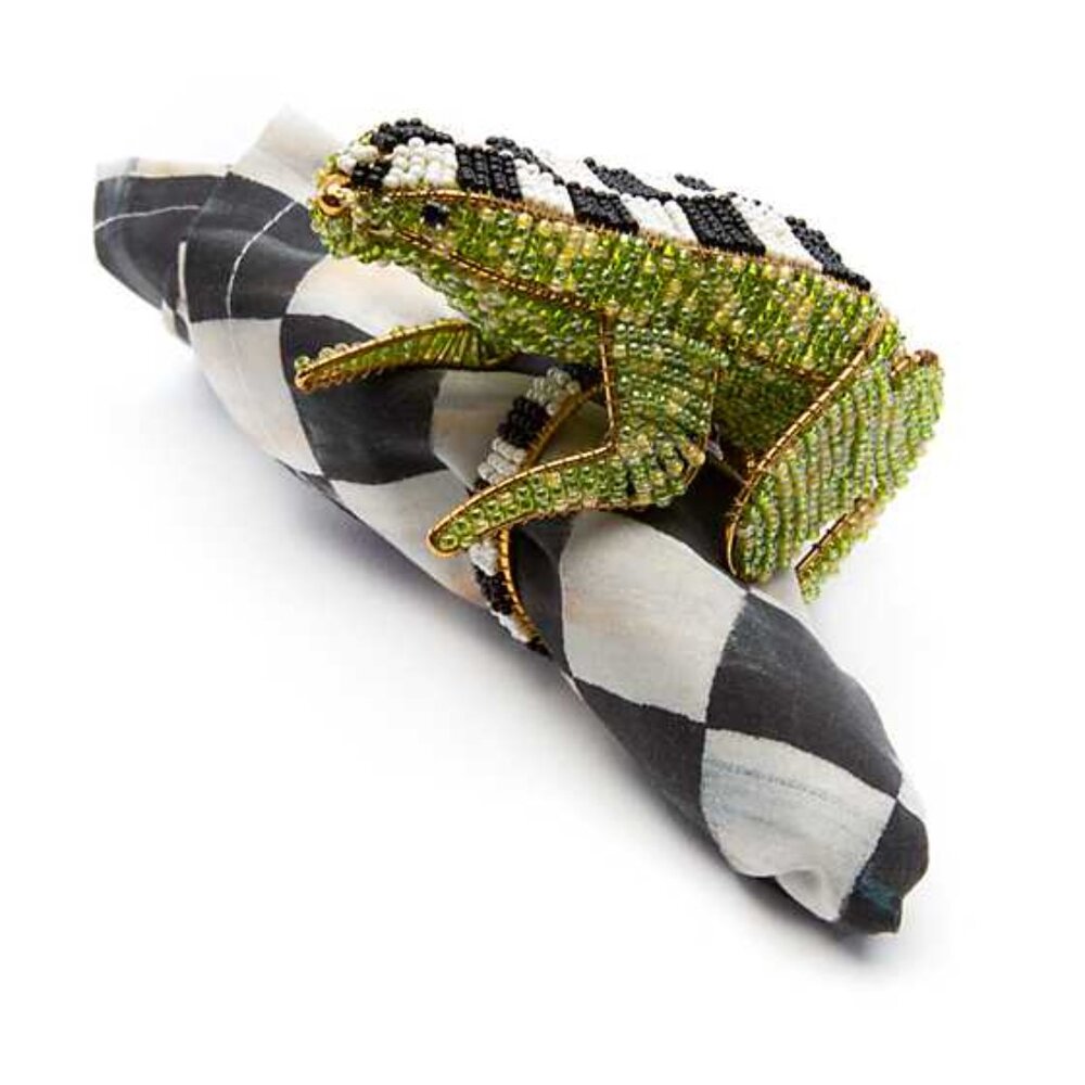 MacKENZIE CHILDS COURTLY CHECK HANDCRAFTED FROG NAPKIN RINGS NWT Beaded & Gold